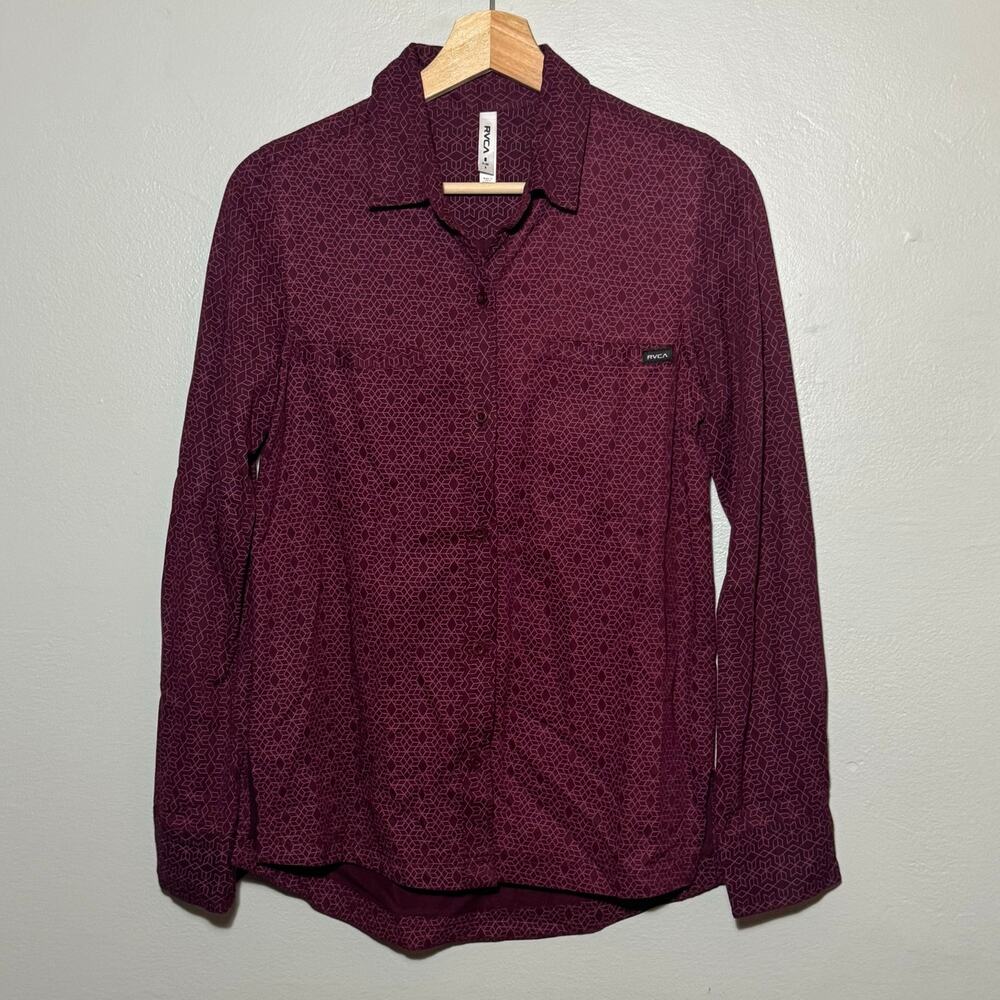 Women's Size S RVCA Trader Shirt Long Sleeve Burgundy Rayon Geometric Button Up